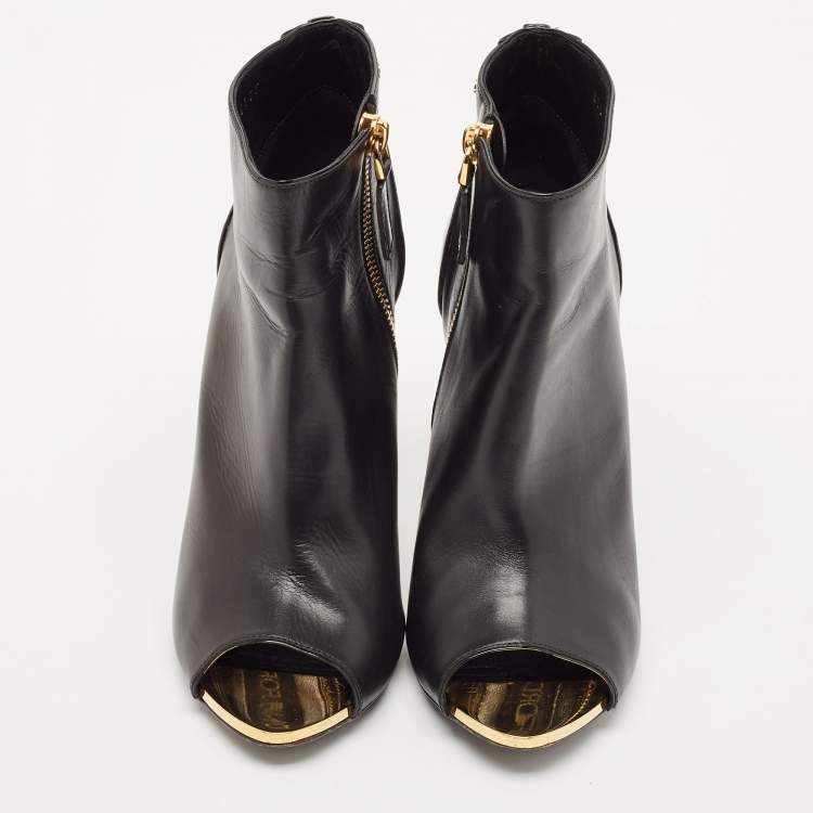 Pre Owned Tom Ford Black Leather Studded Peep Toe Booties Size 37.5