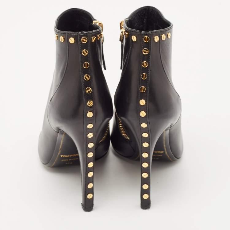 Pre Owned Tom Ford Black Leather Studded Peep Toe Booties Size 37.5