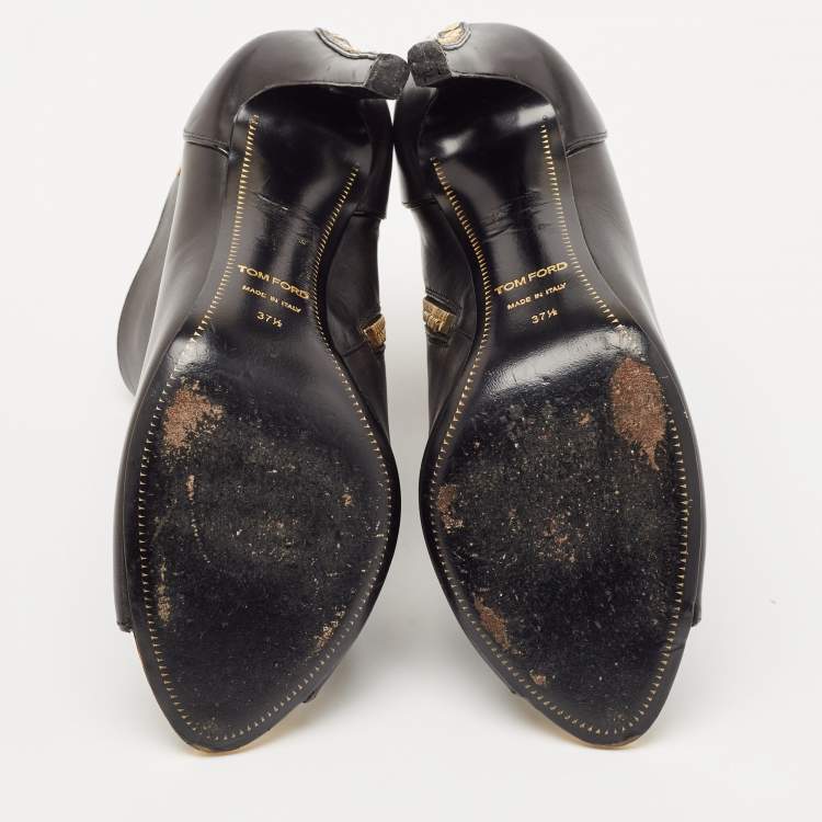 Pre Owned Tom Ford Black Leather Studded Peep Toe Booties Size 37.5