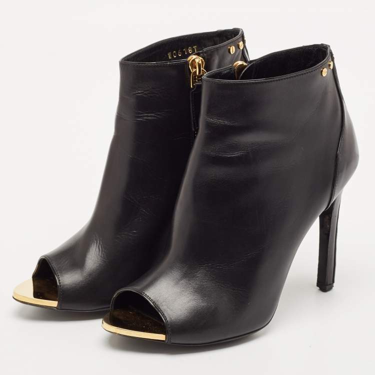 Pre Owned Tom Ford Black Leather Studded Peep Toe Booties Size 37.5