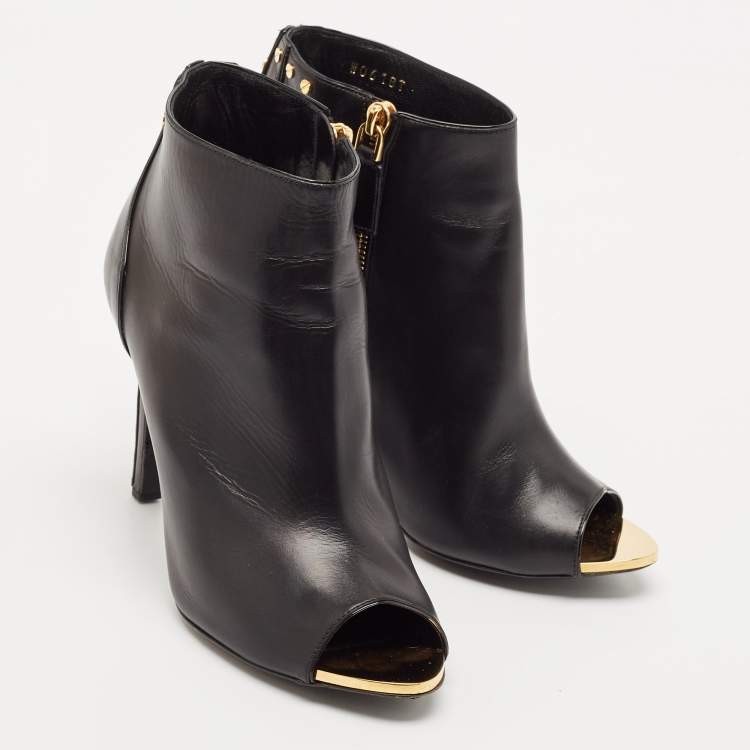 Pre Owned Tom Ford Black Leather Studded Peep Toe Booties Size 37.5