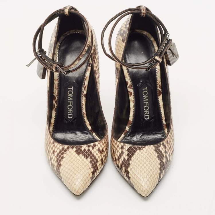 Pre Owned Tom Ford Beige/Cream Python Padlock Pointed Toe Pumps Size 38