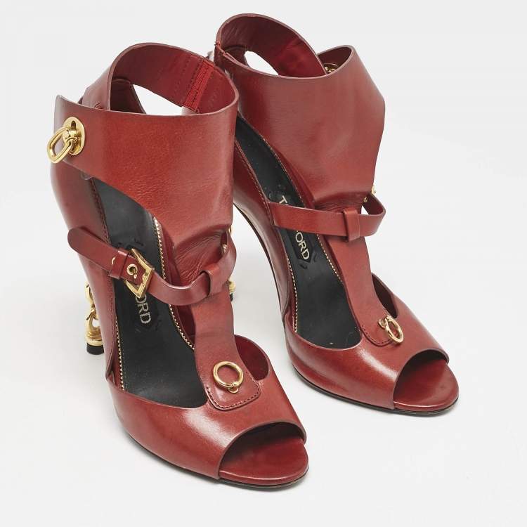 Pre Owned Tom Ford Red Leather Open Toe Ankle Boots Size 39.5