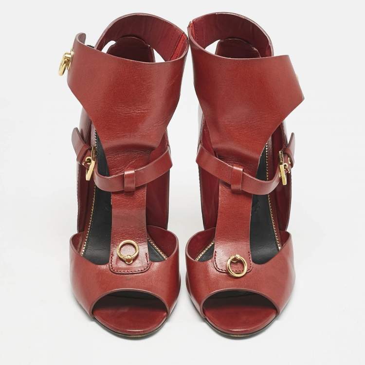 Pre Owned Tom Ford Red Leather Open Toe Ankle Boots Size 39.5
