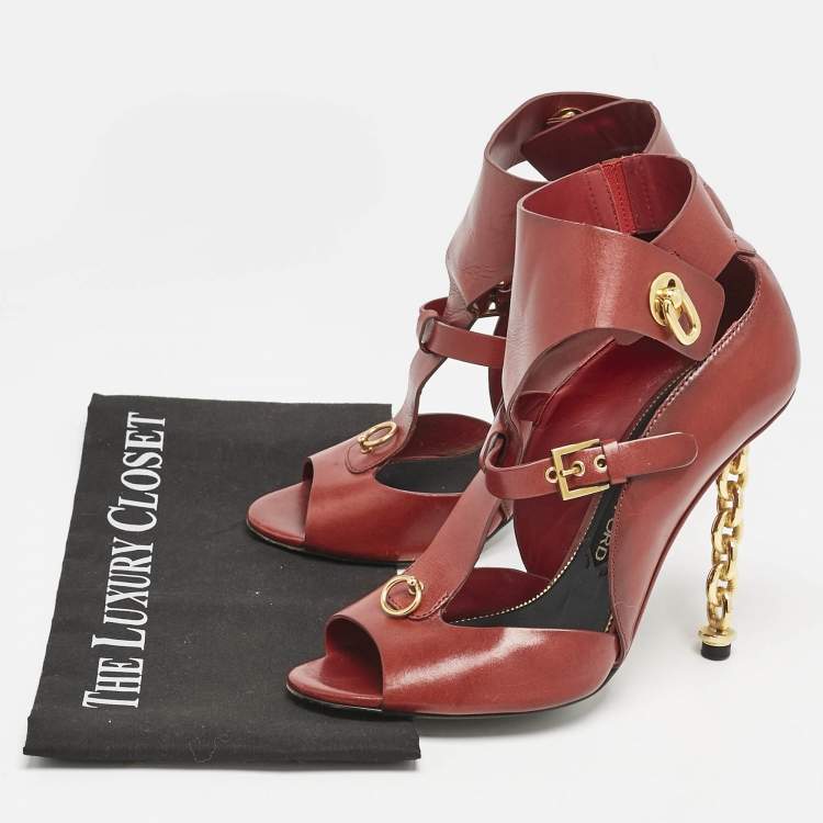 Pre Owned Tom Ford Red Leather Open Toe Ankle Boots Size 39.5