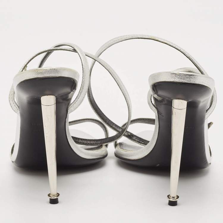 Pre Owned Tom Ford Silver Leather Padlock Ankle Strap Sandals Size 38