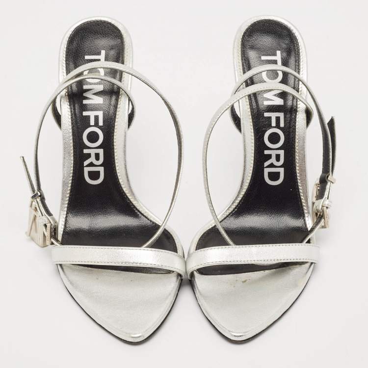 Pre Owned Tom Ford Silver Leather Padlock Ankle Strap Sandals Size 38