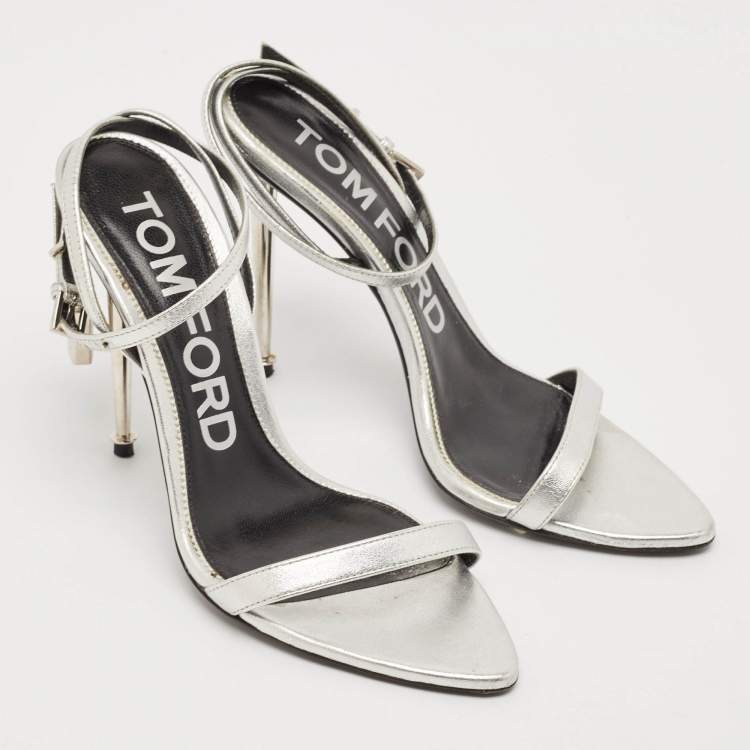 Pre Owned Tom Ford Silver Leather Padlock Ankle Strap Sandals Size 38