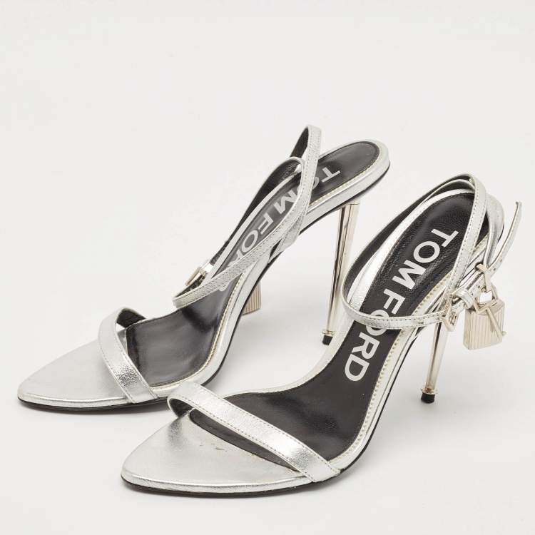 Pre Owned Tom Ford Silver Leather Padlock Ankle Strap Sandals Size 38