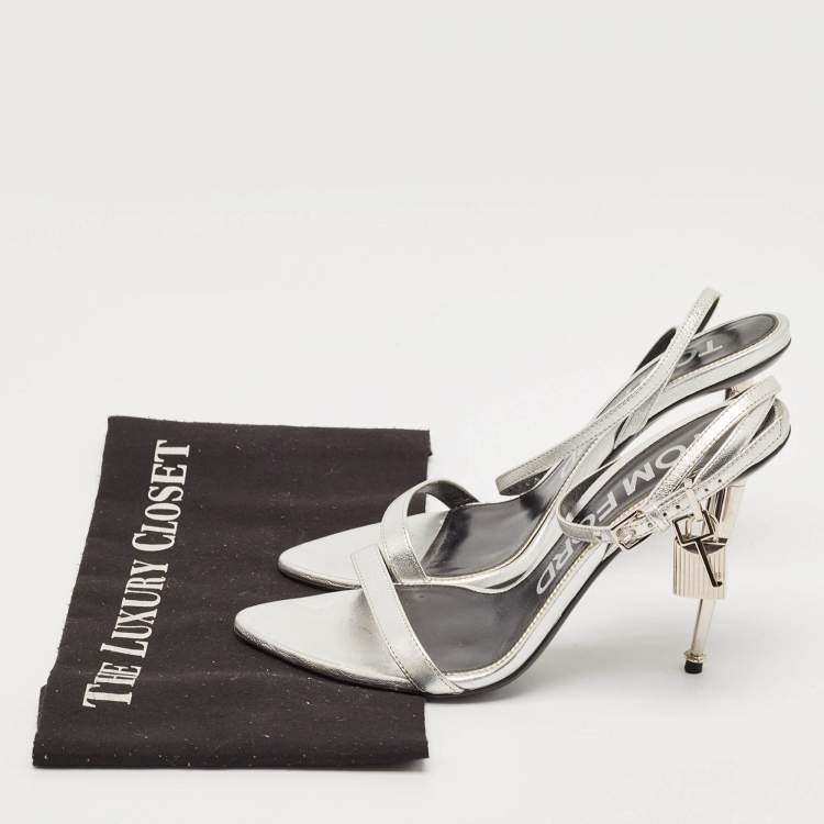 Pre Owned Tom Ford Silver Leather Padlock Ankle Strap Sandals Size 38