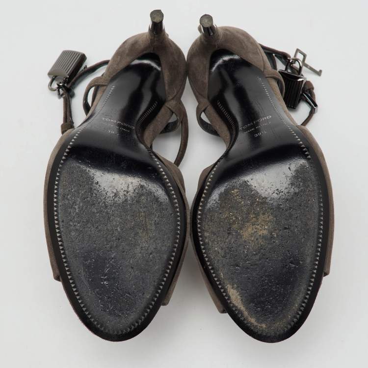 Pre Owned Tom Ford Dark Grey Suede Open Toe Ankle Strap Sandals Size 39.5