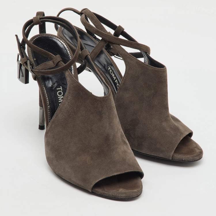 Pre Owned Tom Ford Dark Grey Suede Open Toe Ankle Strap Sandals Size 39.5
