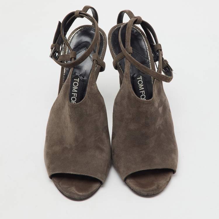 Pre Owned Tom Ford Dark Grey Suede Open Toe Ankle Strap Sandals Size 39.5