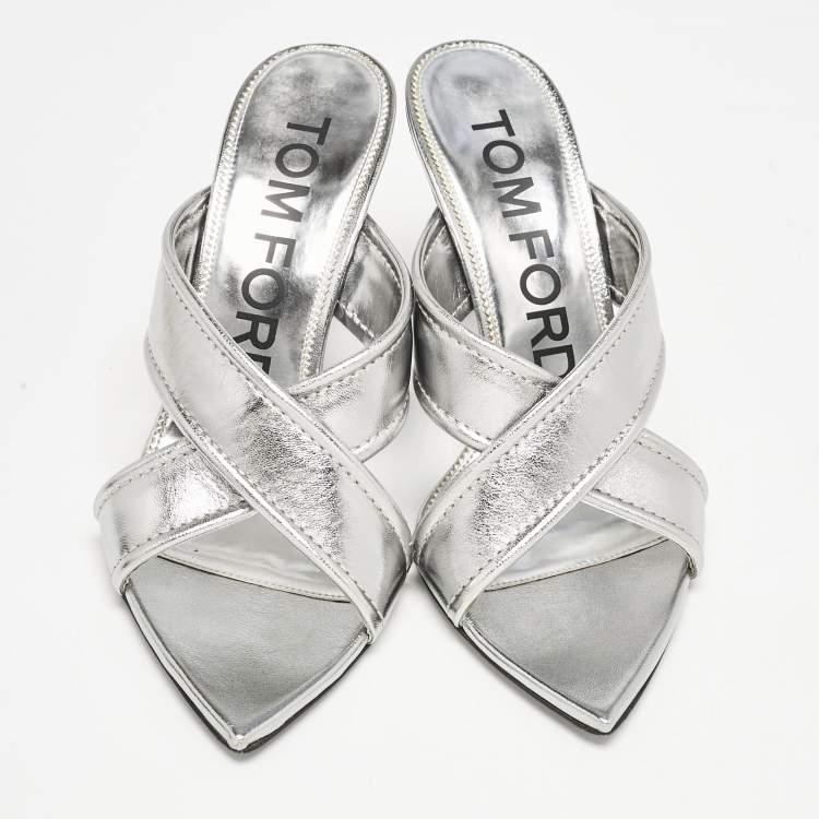 Pre Owned Tom Ford Silver Leather Crisscross Slide Sandals Size 38