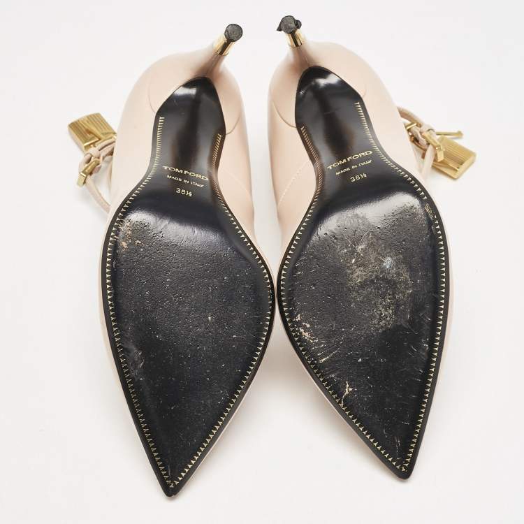 Pre Owned Tom Ford Beige Leather Pointed Toe Padlock Ankle Strap Pumps Size 38.5