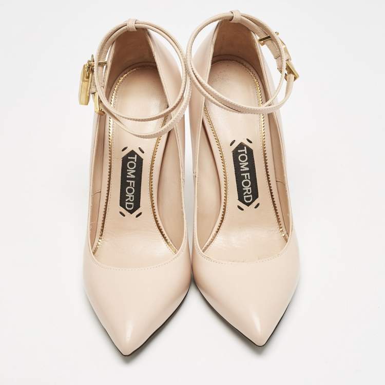 Pre Owned Tom Ford Beige Leather Pointed Toe Padlock Ankle Strap Pumps Size 38.5