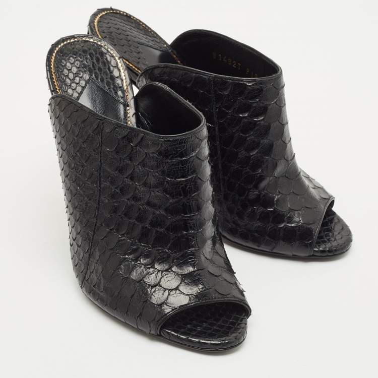 Pre Owned Tom Ford Black Python Peep Toe Mules Size 37.5