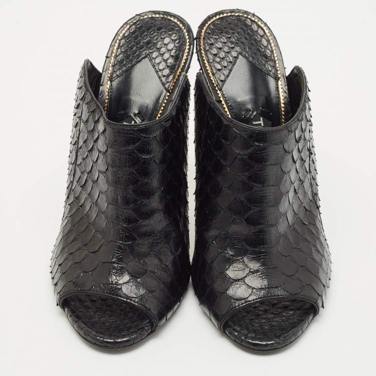 Pre Owned Tom Ford Black Python Peep Toe Mules Size 37.5
