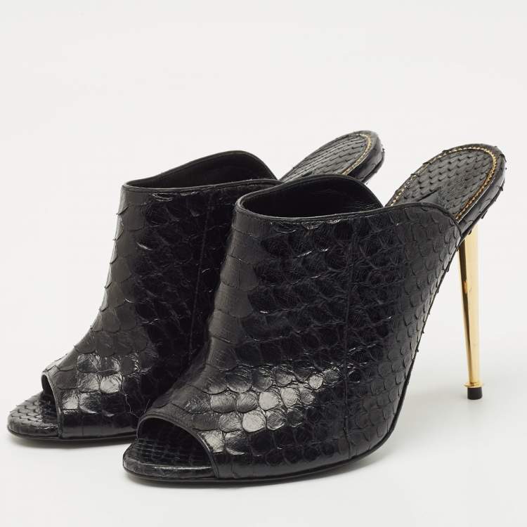 Pre Owned Tom Ford Black Python Peep Toe Mules Size 37.5