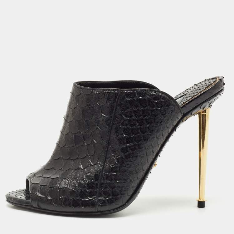 Pre Owned Tom Ford Black Python Peep Toe Mules Size 37.5