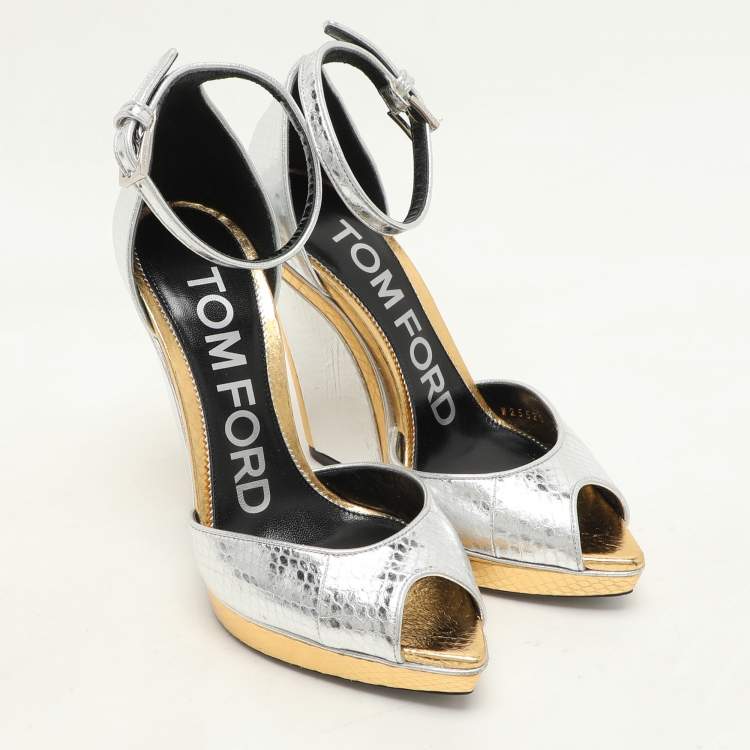 Pre Owned Tom Ford Silver/Gold Python Embossed Leather Trompe L'oeil Wedge Pumps Size 36