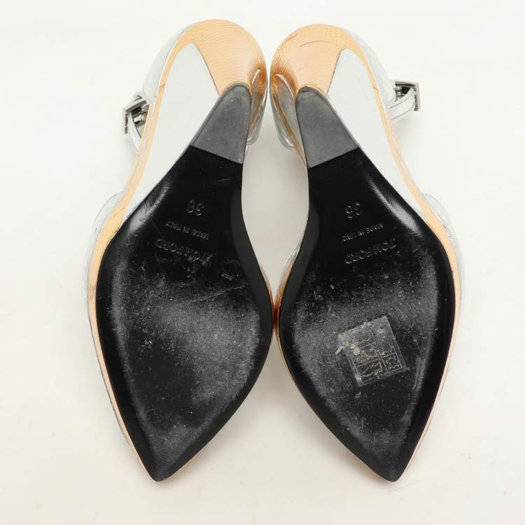 Pre Owned Tom Ford Silver/Gold Python Embossed Leather Trompe L'oeil Wedge Pumps Size 36
