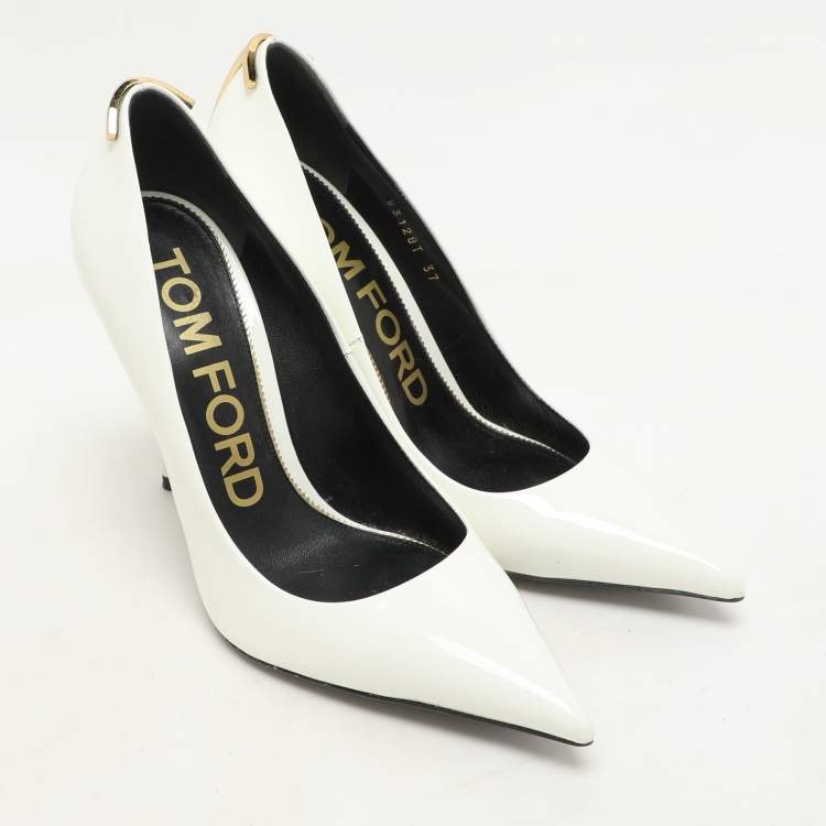 Pre Owned Tom Ford White Patent Leather T Embellished Pointed Toe Pumps Size 37