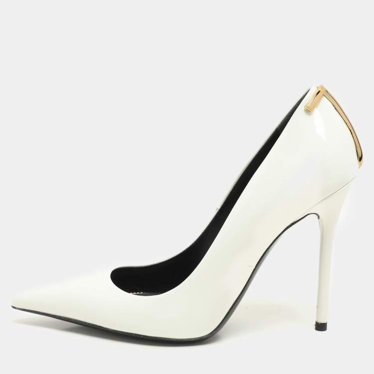 Pre Owned Tom Ford White Patent Leather T Embellished Pointed Toe Pumps Size 37