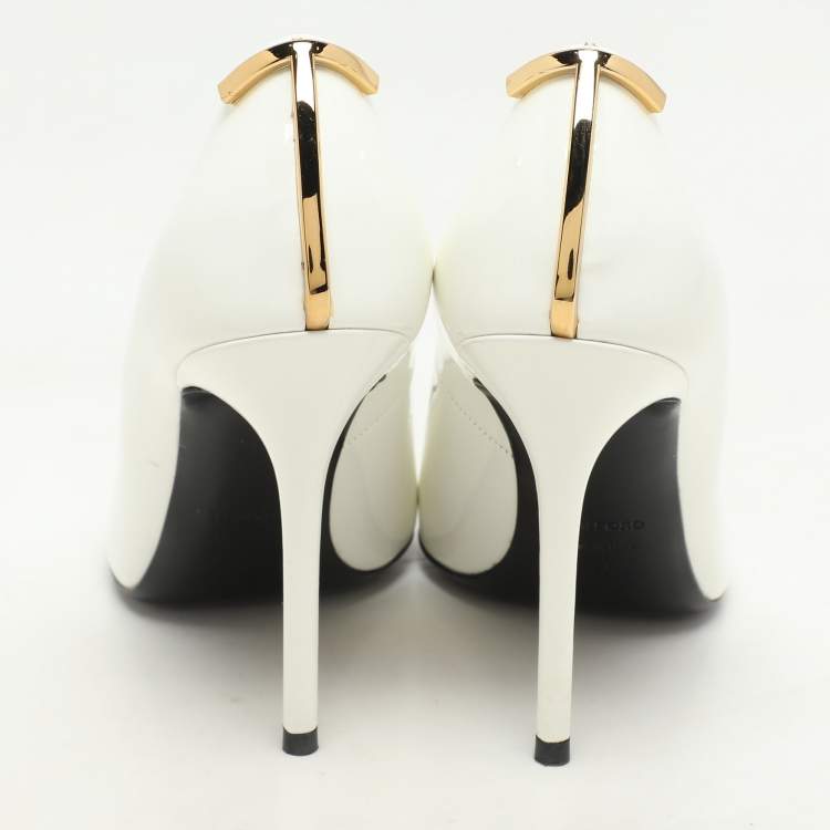 Pre Owned Tom Ford White Patent Leather T Embellished Pointed Toe Pumps Size 37