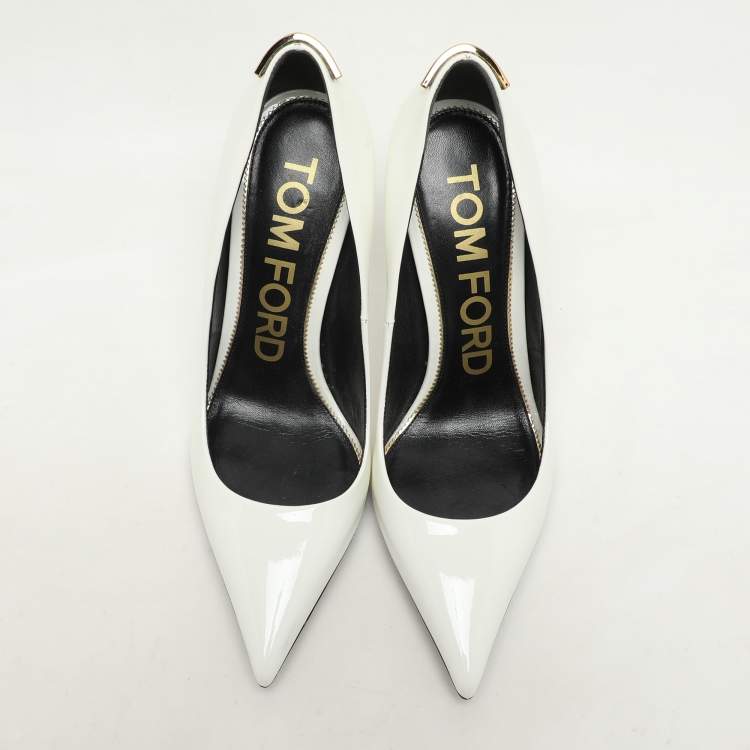 Pre Owned Tom Ford White Patent Leather T Embellished Pointed Toe Pumps Size 37