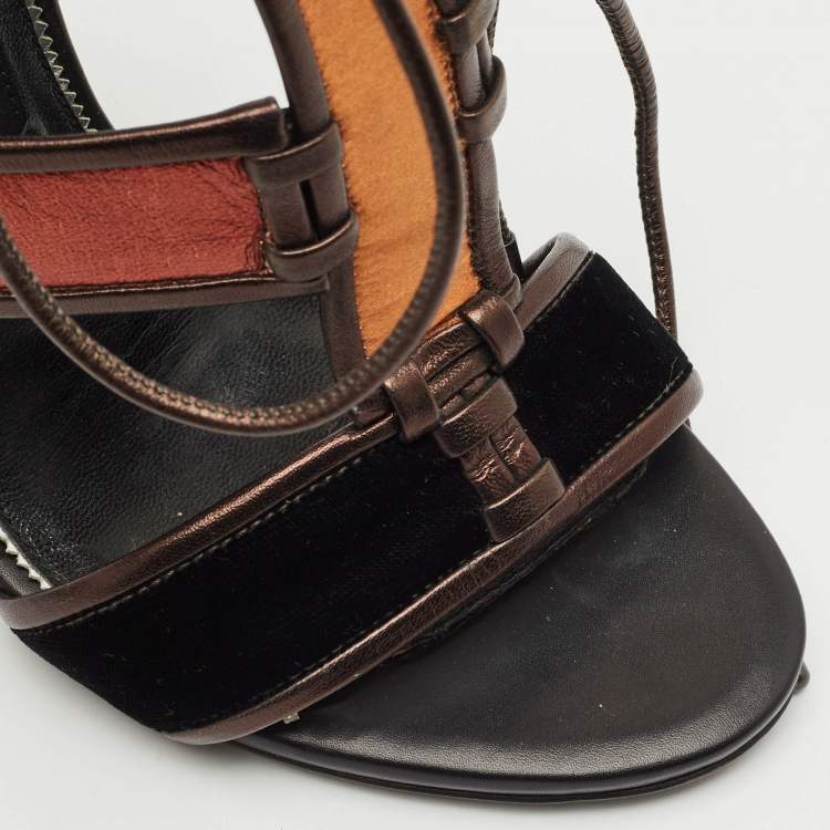 Pre Owned Tom Ford Multicolor Velvet and Leather Panelled Patchwork Ankle Strap Sandals Size 39