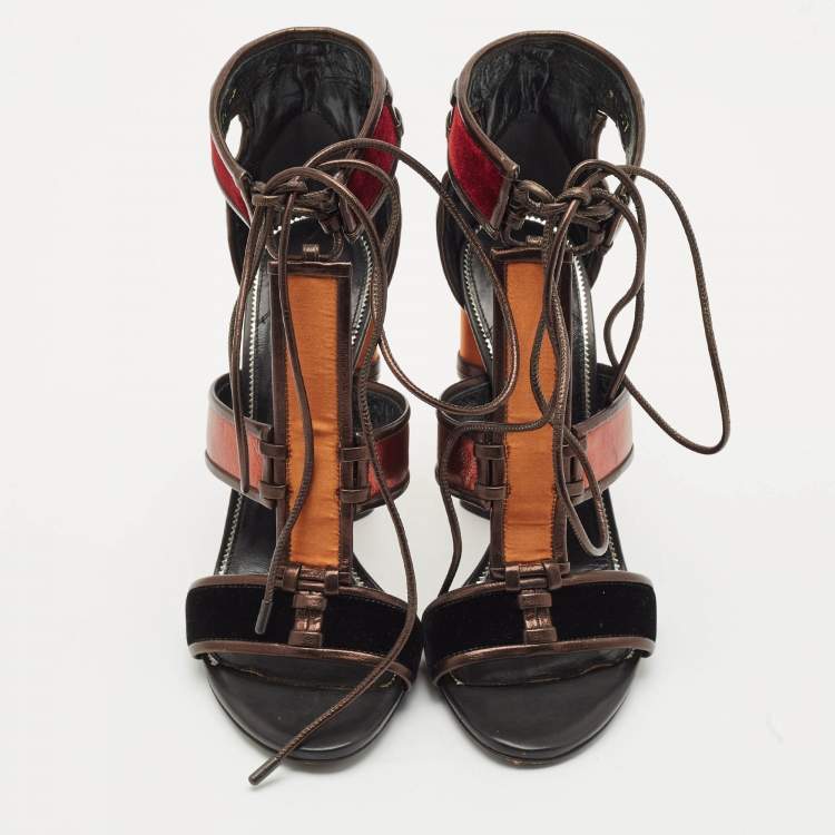 Pre Owned Tom Ford Multicolor Velvet and Leather Panelled Patchwork Ankle Strap Sandals Size 39