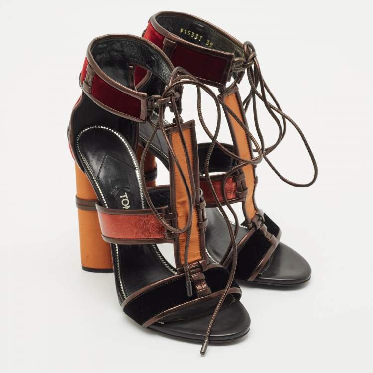 Pre Owned Tom Ford Multicolor Velvet and Leather Panelled Patchwork Ankle Strap Sandals Size 39