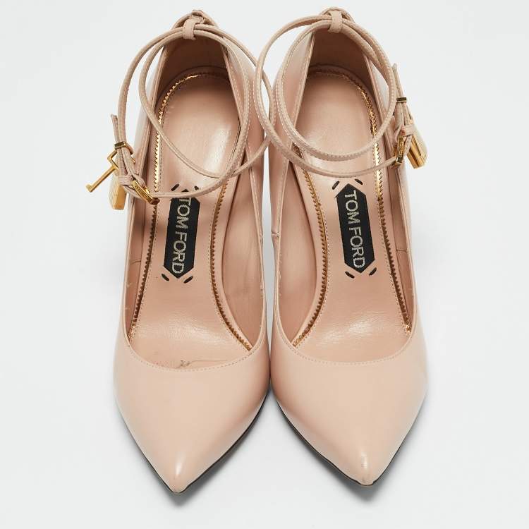 Pre Owned Tom Ford Beige Leather Padlock Ankle Wrap Pumps Size 40.5