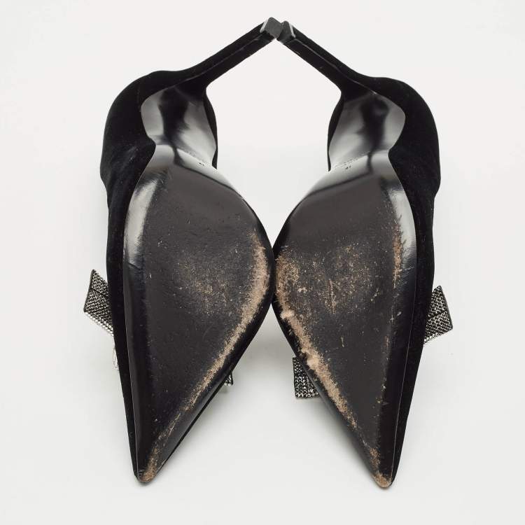 Pre Owned Tom Ford Black Velvet Crystal Embellished Bow Pumps Size 41
