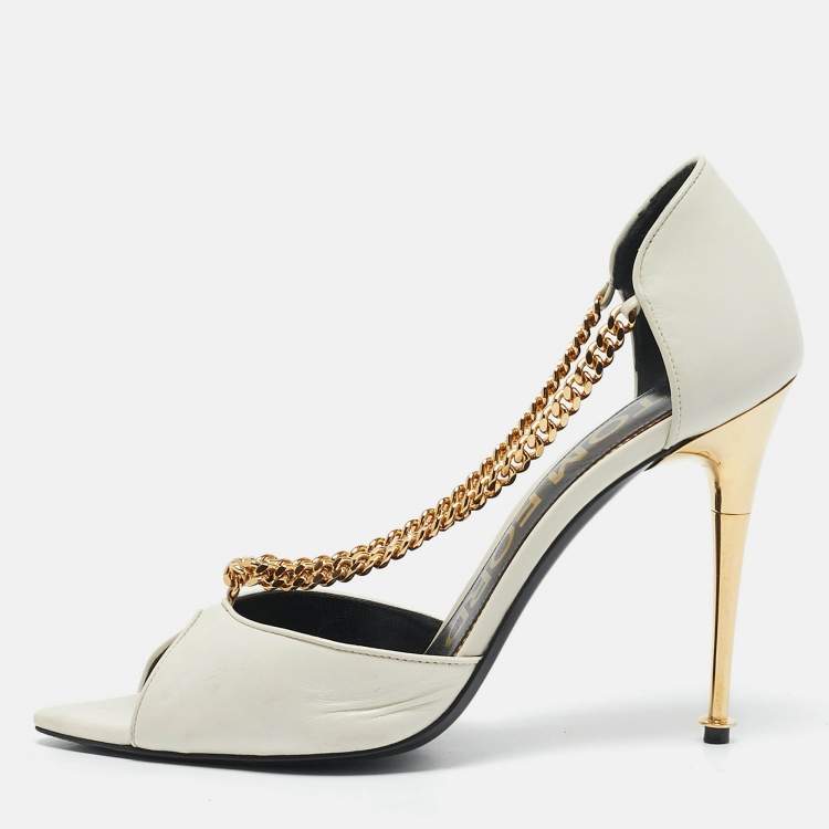 Pre Owned Tom Ford White Leather Chain Detail Open Toe Pumps Size 38