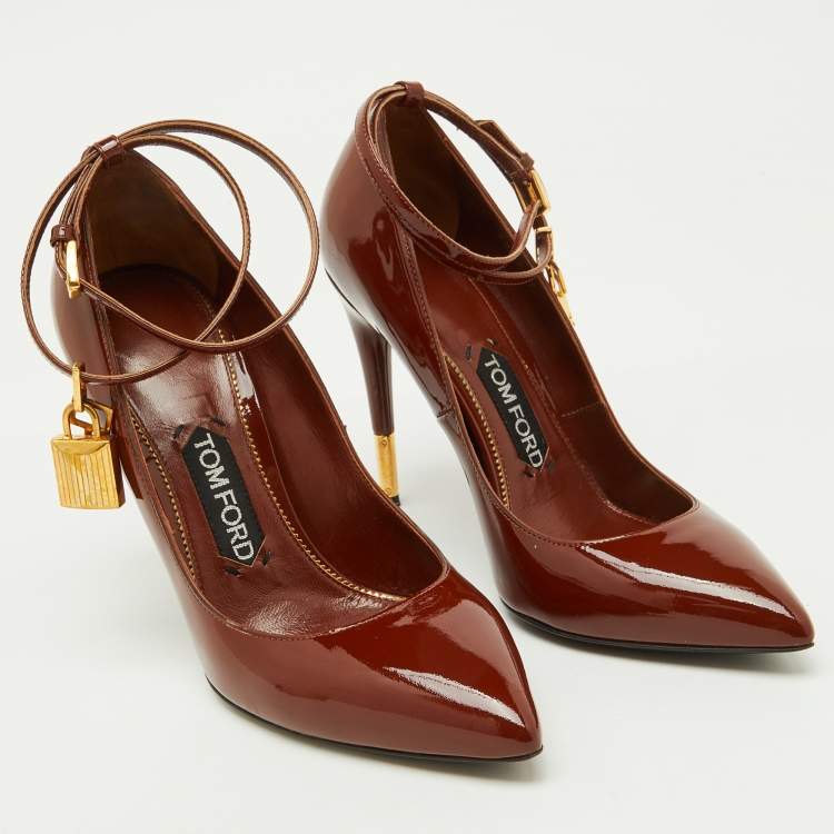 Pre Owned Tom Ford Brown Patent Leather Padlock Ankle Wrap Pumps Size 38