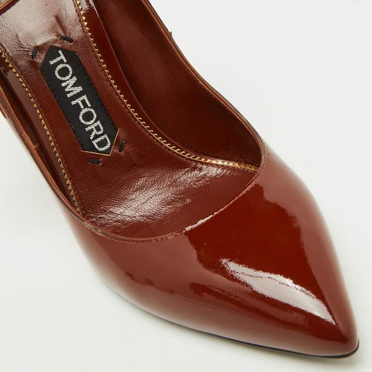 Pre Owned Tom Ford Brown Patent Leather Padlock Ankle Wrap Pumps Size 38