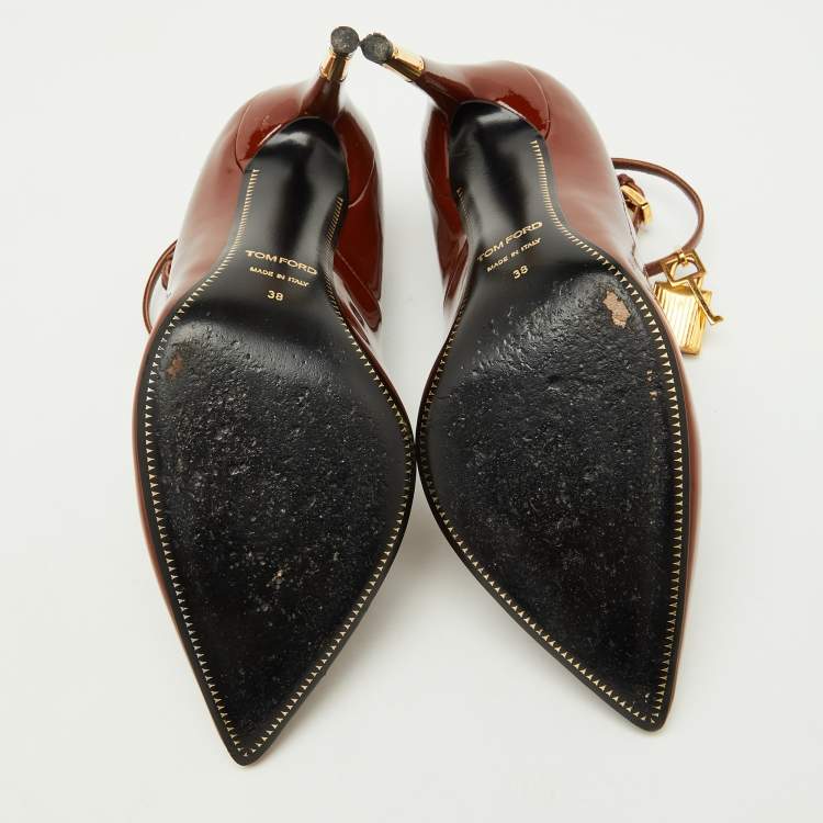 Pre Owned Tom Ford Brown Patent Leather Padlock Ankle Wrap Pumps Size 38