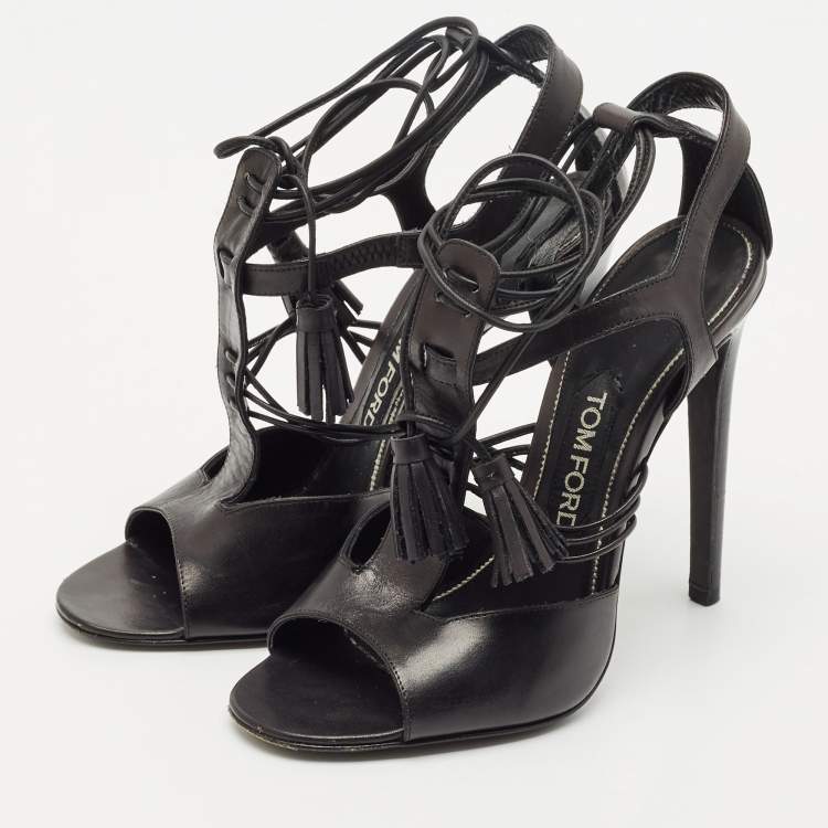 Pre Owned Tom Ford Black Paneled Leather Ankle Strap Sandals Size 37.5