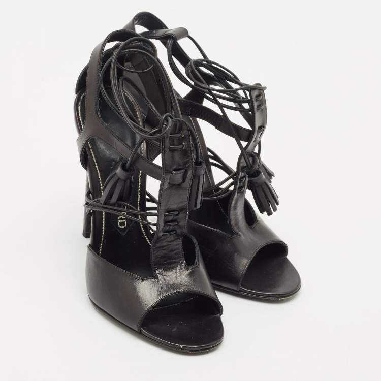 Pre Owned Tom Ford Black Paneled Leather Ankle Strap Sandals Size 37.5