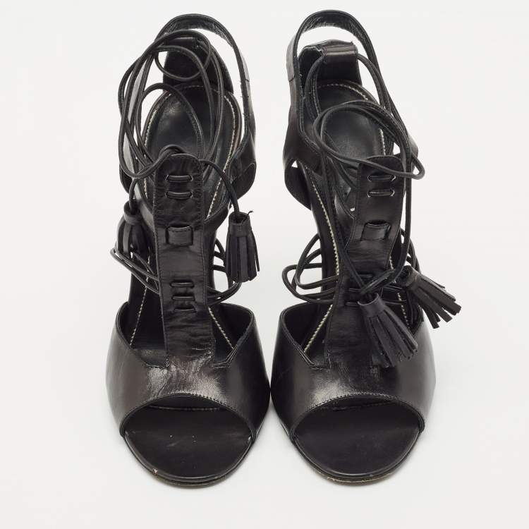 Pre Owned Tom Ford Black Paneled Leather Ankle Strap Sandals Size 37.5