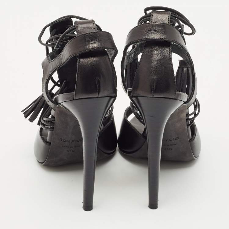 Pre Owned Tom Ford Black Paneled Leather Ankle Strap Sandals Size 37.5