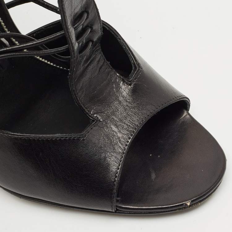 Pre Owned Tom Ford Black Paneled Leather Ankle Strap Sandals Size 37.5