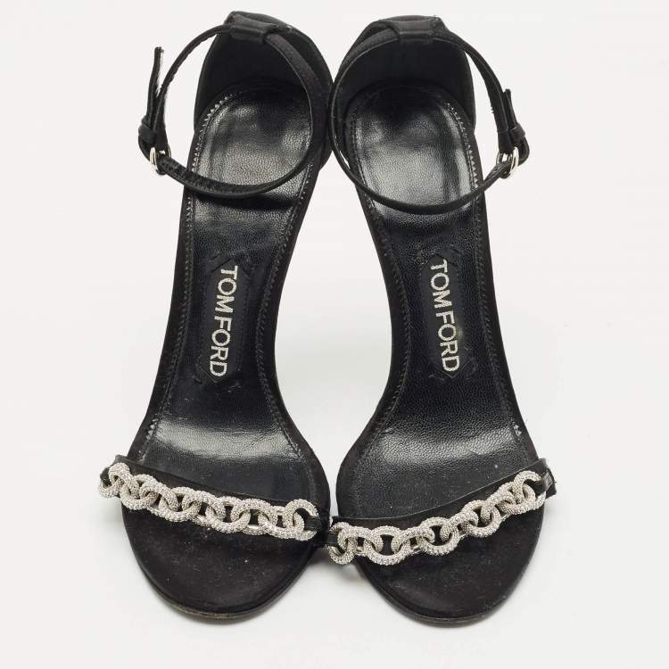 Pre Owned Tom Ford Black Satin Crystal Embellished Heel Ankle Strap Sandals Size 37