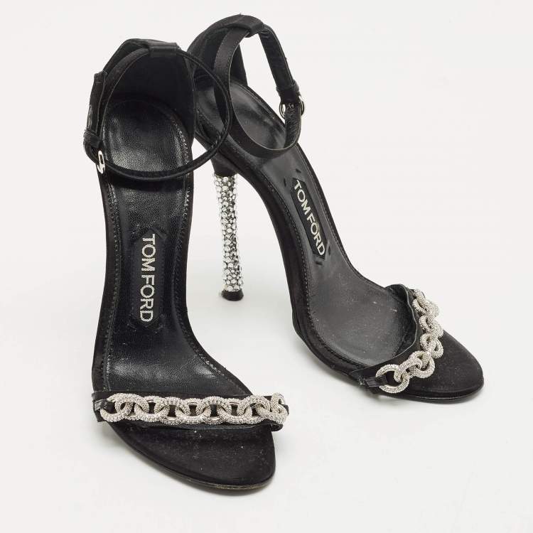 Pre Owned Tom Ford Black Satin Crystal Embellished Heel Ankle Strap Sandals Size 37