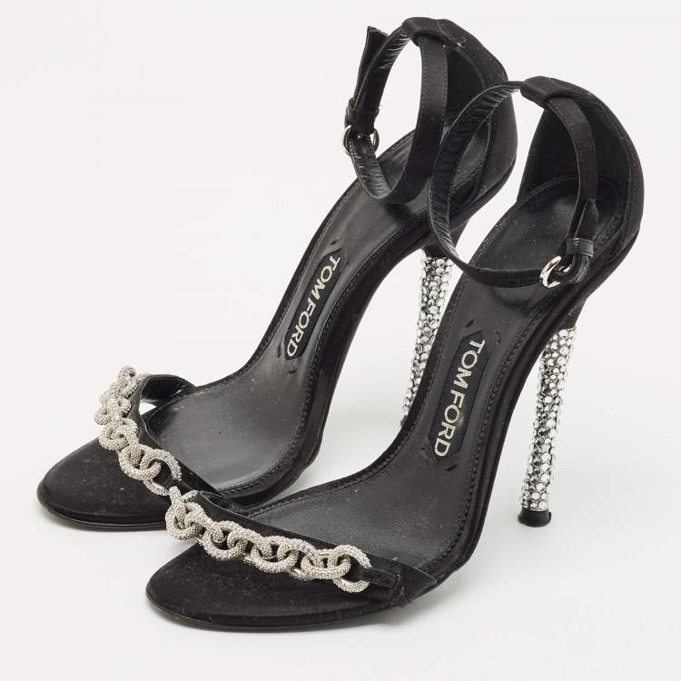 Pre Owned Tom Ford Black Satin Crystal Embellished Heel Ankle Strap Sandals Size 37