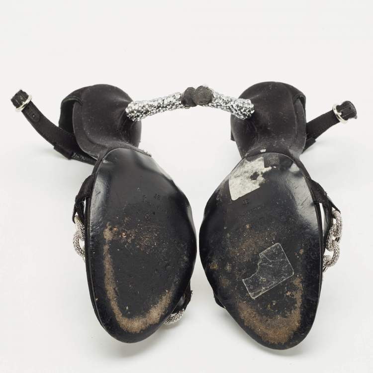 Pre Owned Tom Ford Black Satin Crystal Embellished Heel Ankle Strap Sandals Size 37