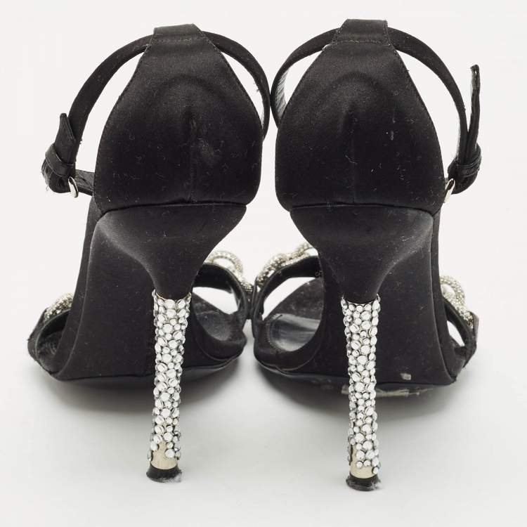Pre Owned Tom Ford Black Satin Crystal Embellished Heel Ankle Strap Sandals Size 37