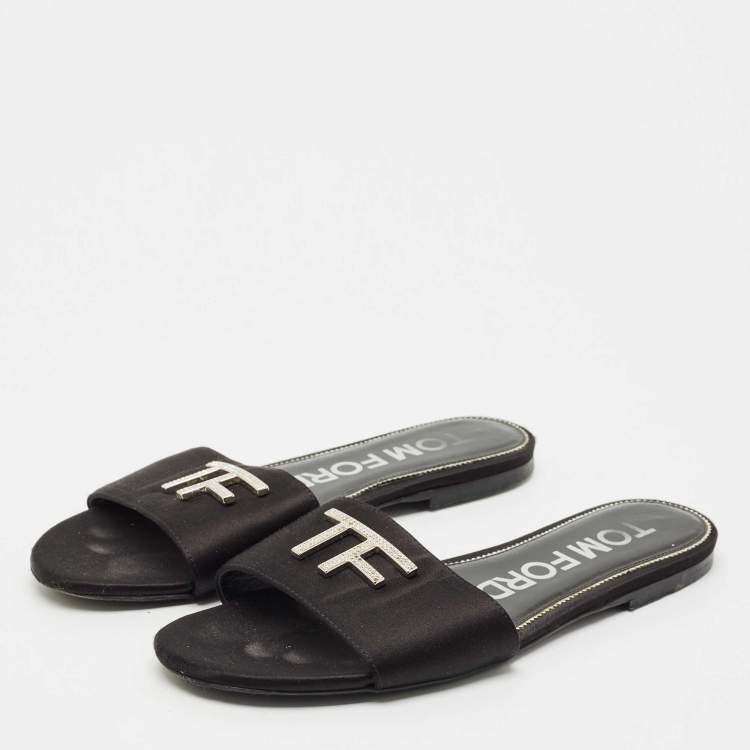 Pre Owned Tom Ford Black Satin TF Flat Slides Size 38